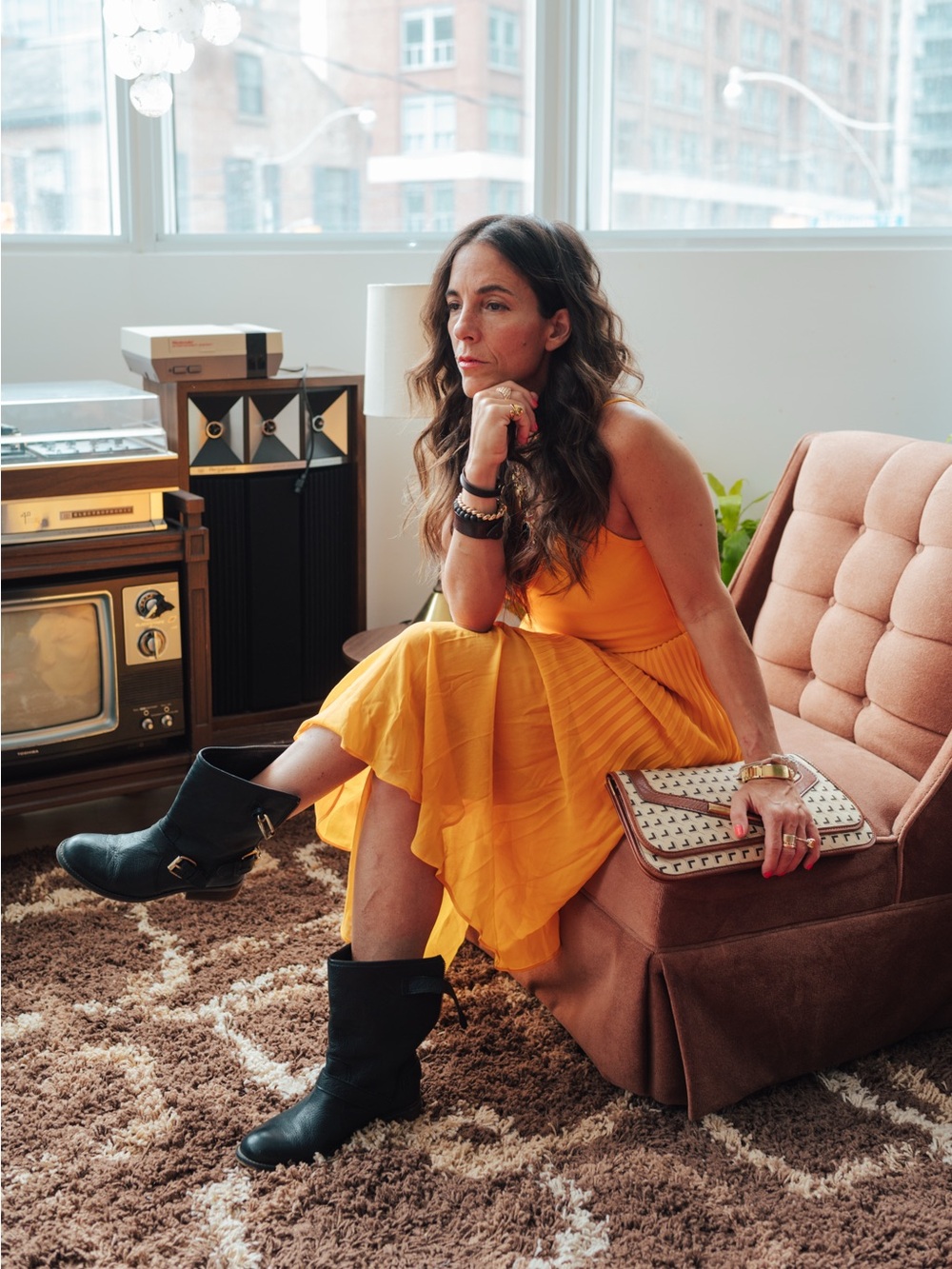 Wilfred Sleeveless Yellow-Orange Pleated Midi Dress - Picture 4 of 8
